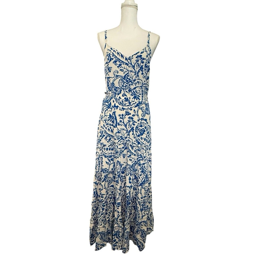 MSK Blue Ivory Floral Paisley Tiered Maxi Dress Size L Belted Boho Resort - Picture 2 of 9